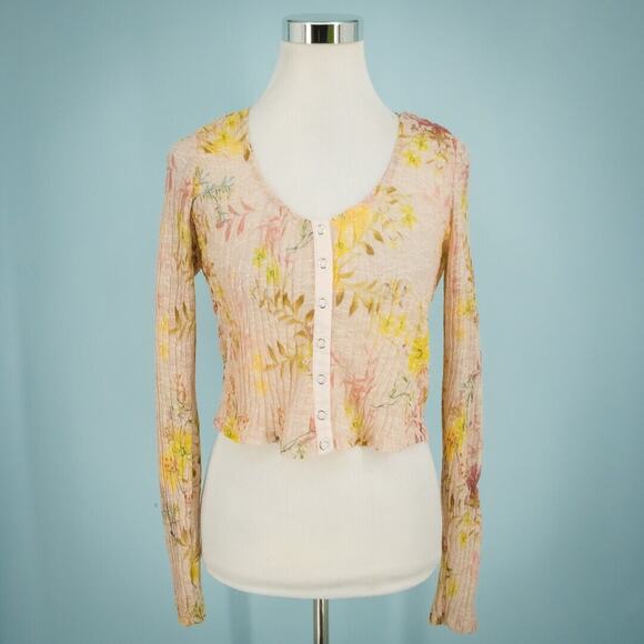 Free People Size Medium M Pink Angelina Lace Mesh Floral Print Long Sleeve Top - Picture 1 of 7